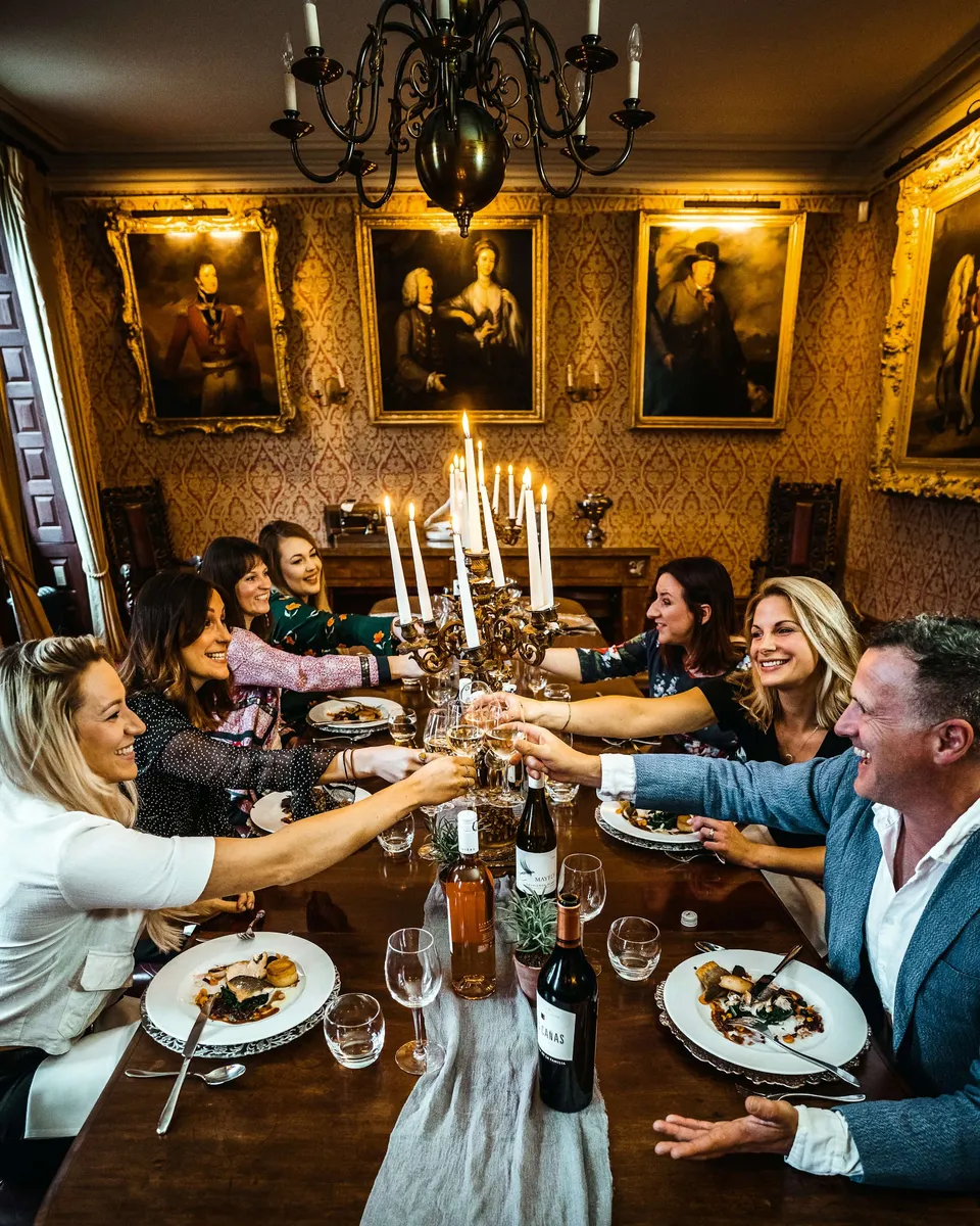 Guests toasting with wine glasses at a rehearsal dinner table