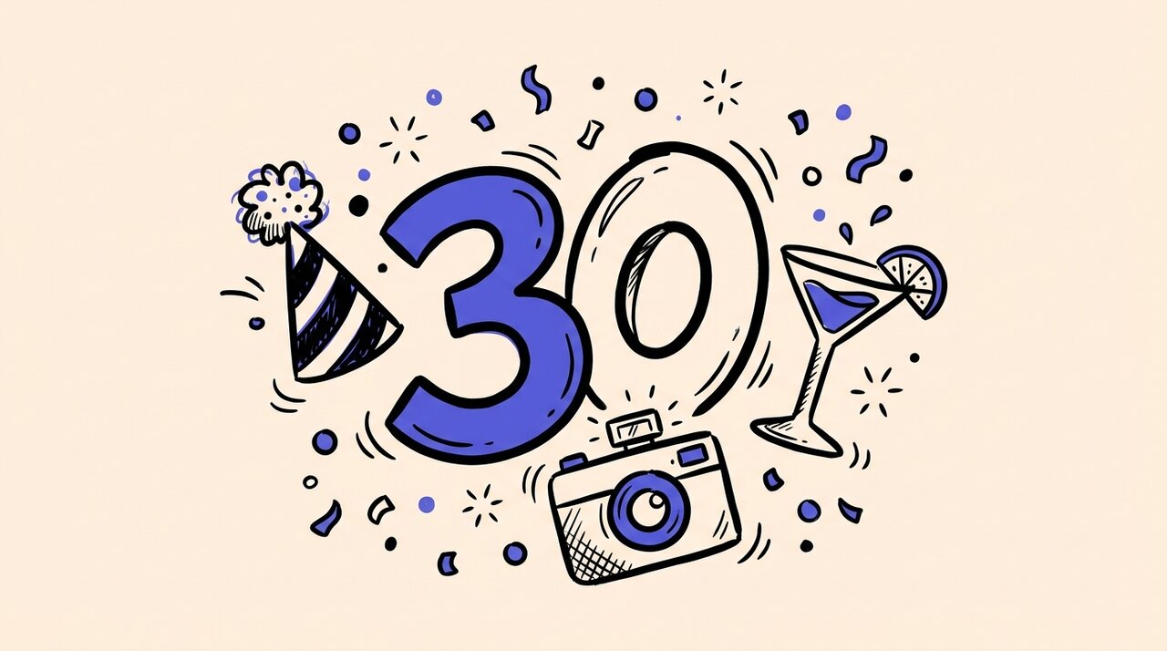Hand-drawn doodle of a large 30 numeral surrounded by a party hat, cocktail glass, camera, and confetti