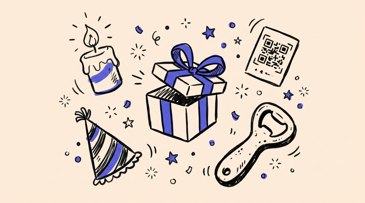 Hand-drawn doodle of party favors: gift box, candle, bottle opener, QR code card, and party hat with sparkles