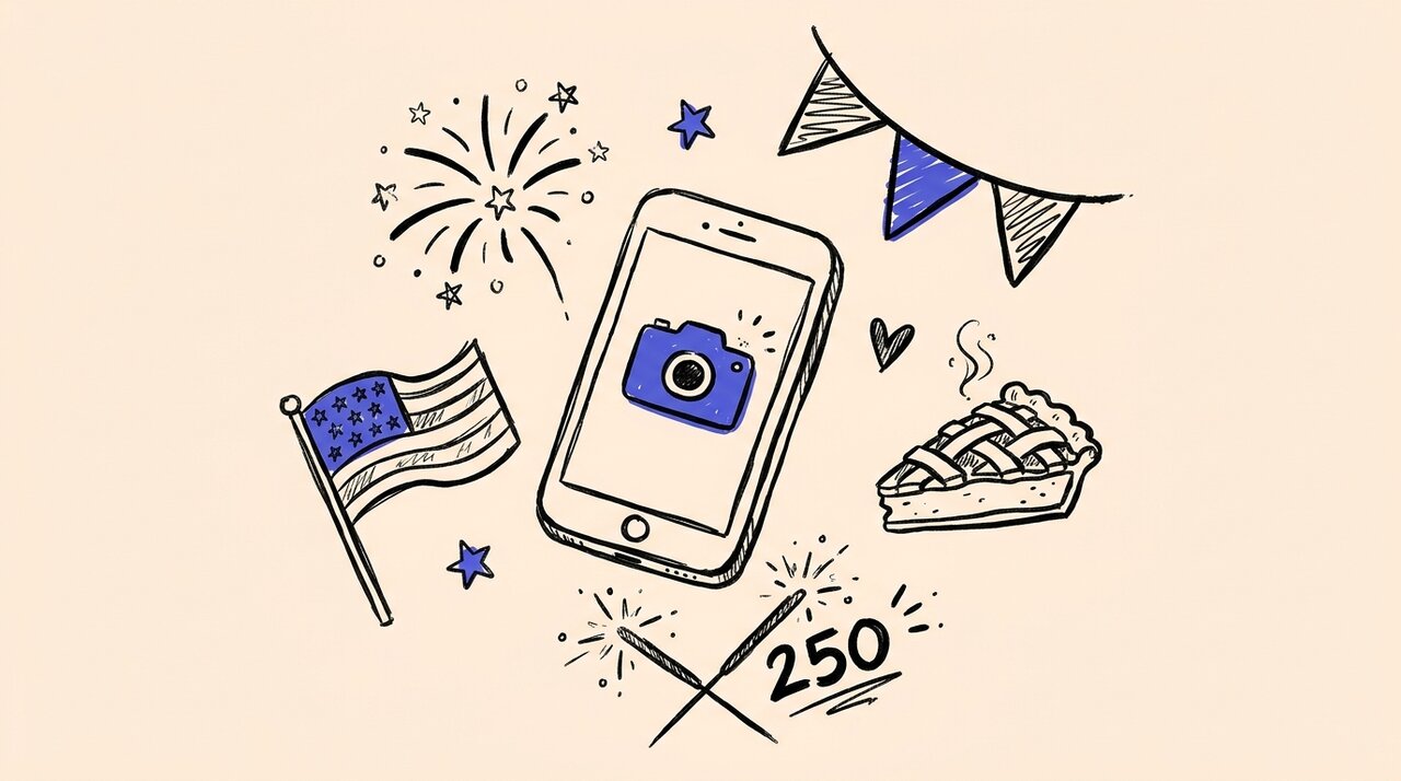 Hand-drawn doodle of a smartphone with a camera icon surrounded by an American flag, sparklers spelling 250, apple pie, bunting, and fireworks