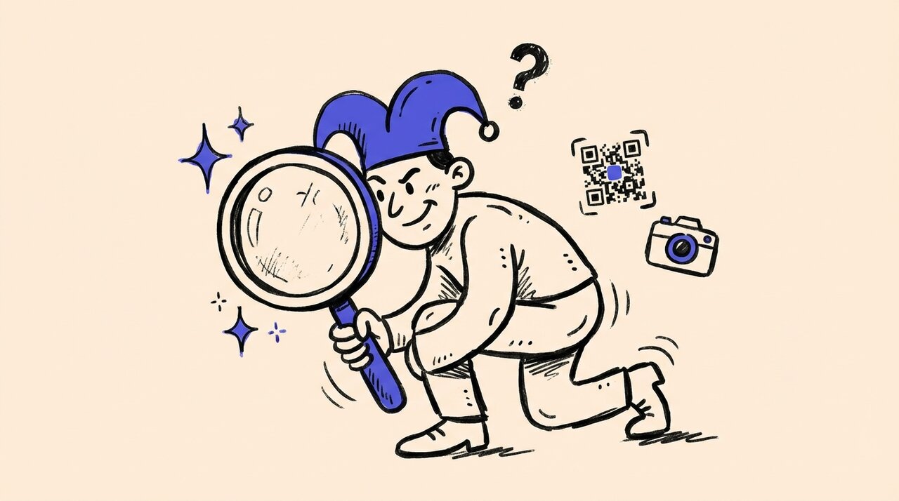 Hand-drawn doodle of a character in a jester hat peering through a magnifying glass with a QR code and camera nearby