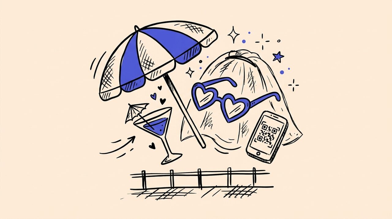 Doodle of bachelorette beach weekend props: striped umbrella, cocktail glass, bridal veil with heart sunglasses, phone with QR code