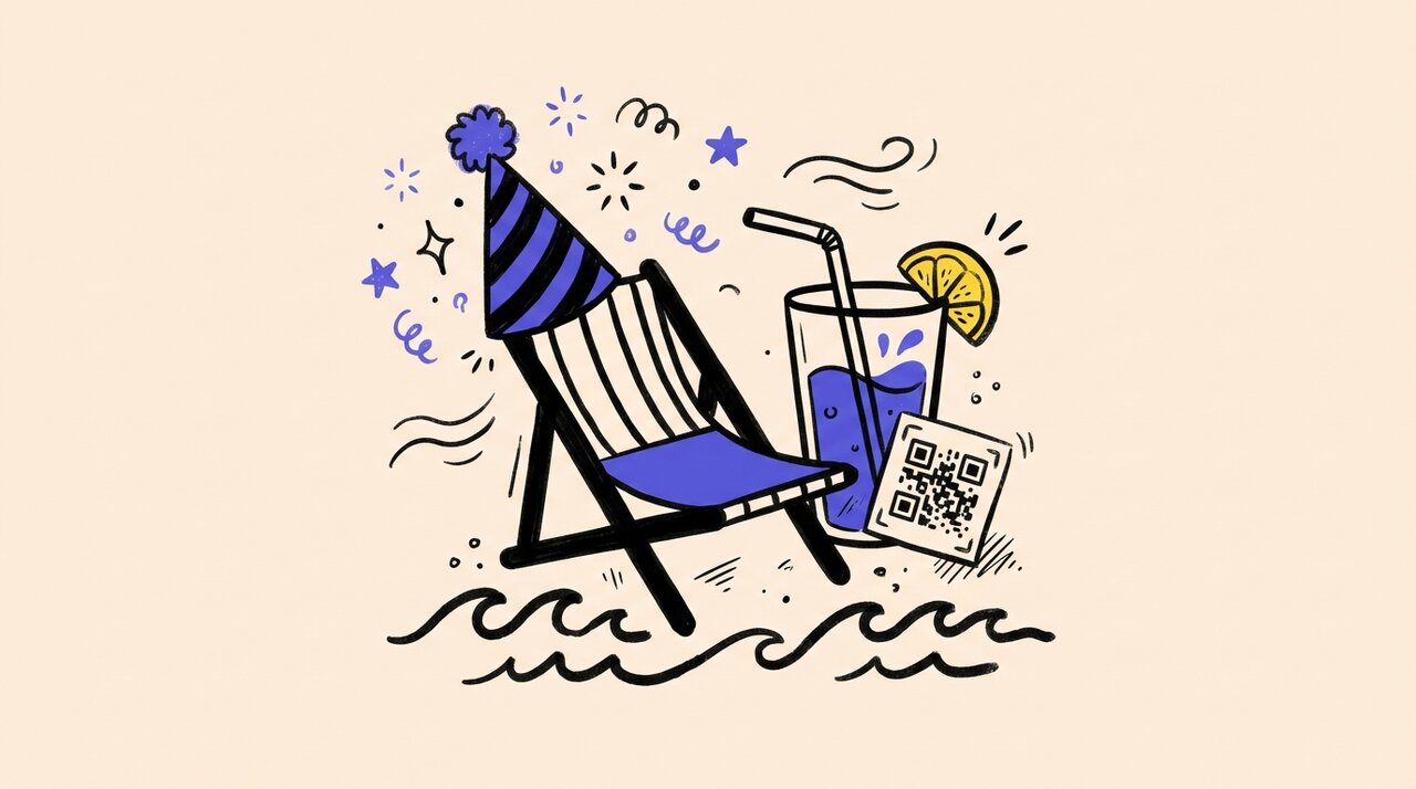 Doodle of a beach chair with a birthday party hat, cocktail glass, QR code card, and ocean waves