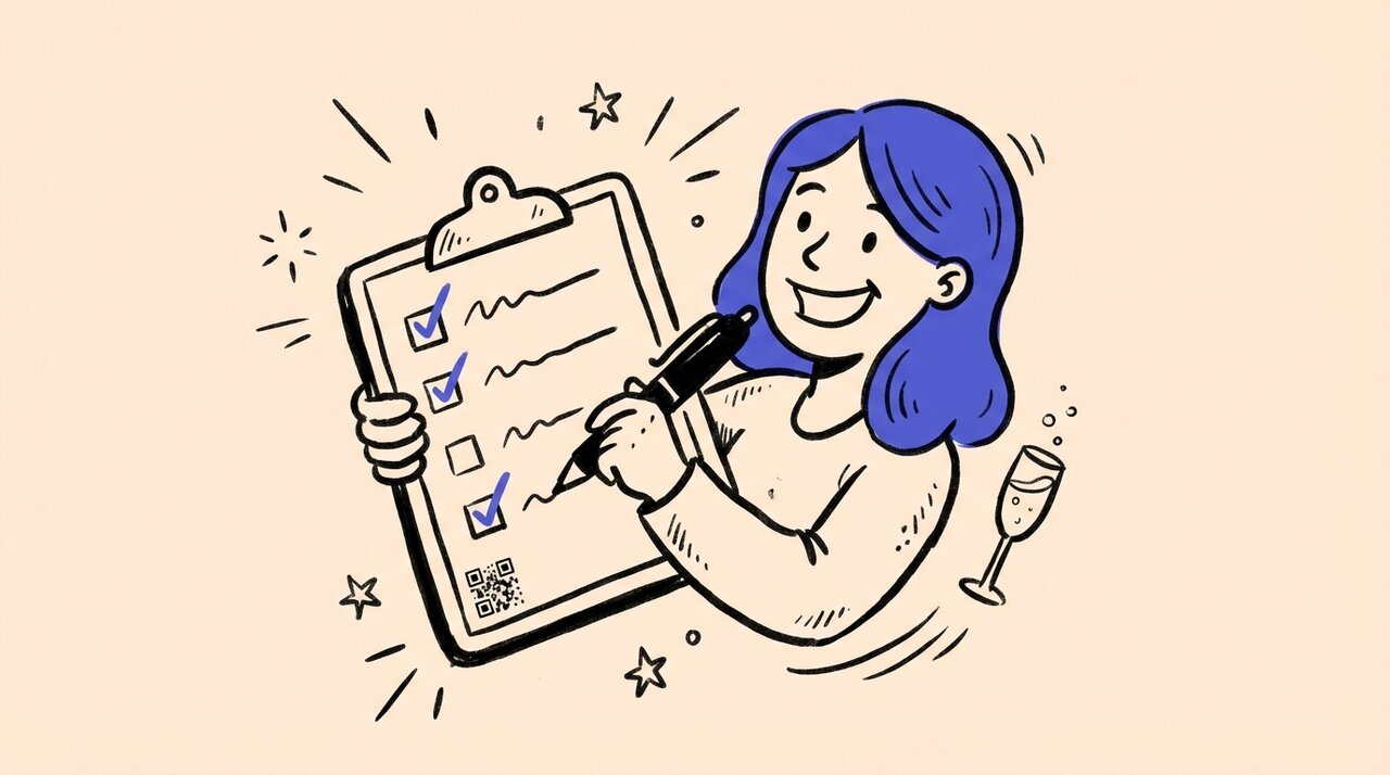 Hand-drawn doodle of a woman holding a clipboard checklist with a pen, champagne glass, and QR code