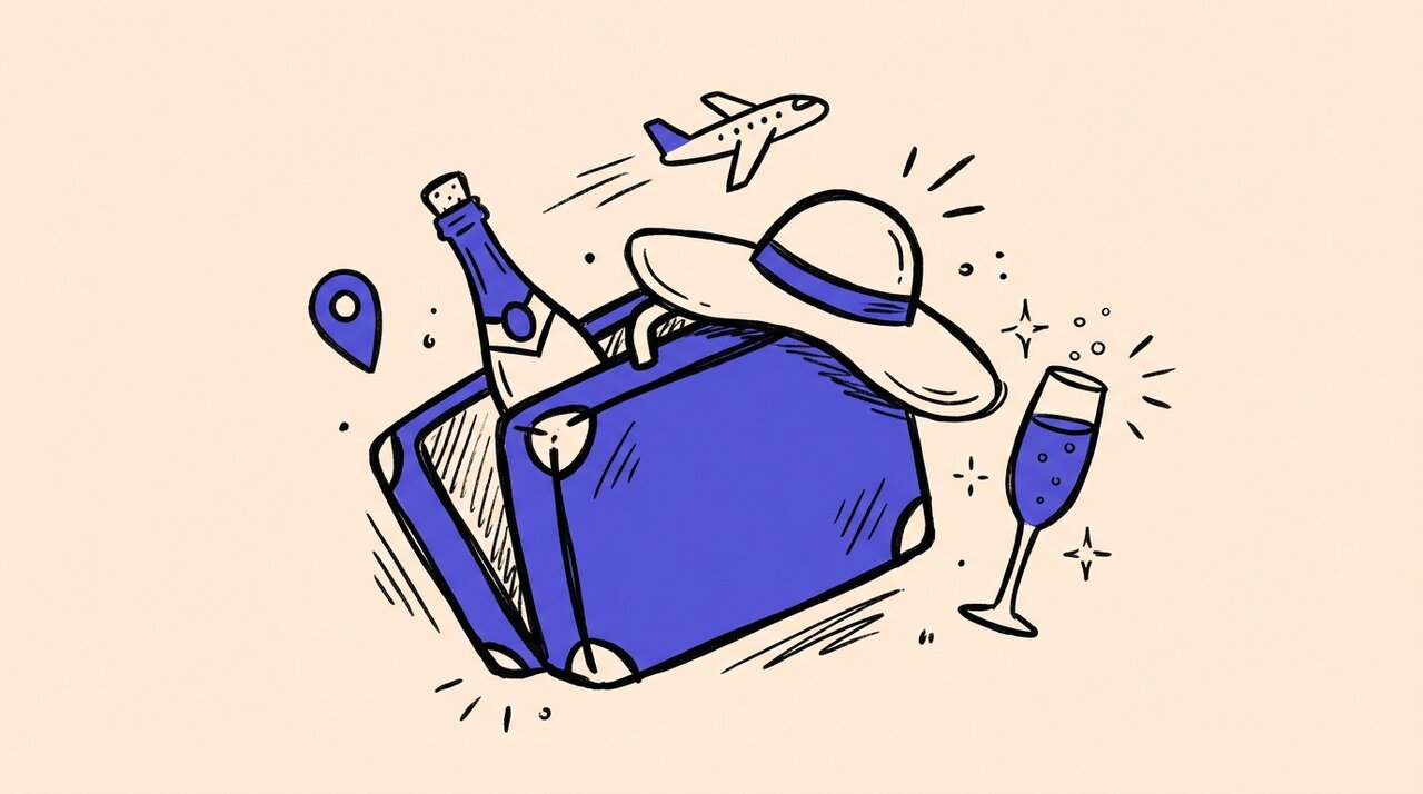 Hand-drawn doodle of an open suitcase with champagne, sun hat, map pin, and airplane