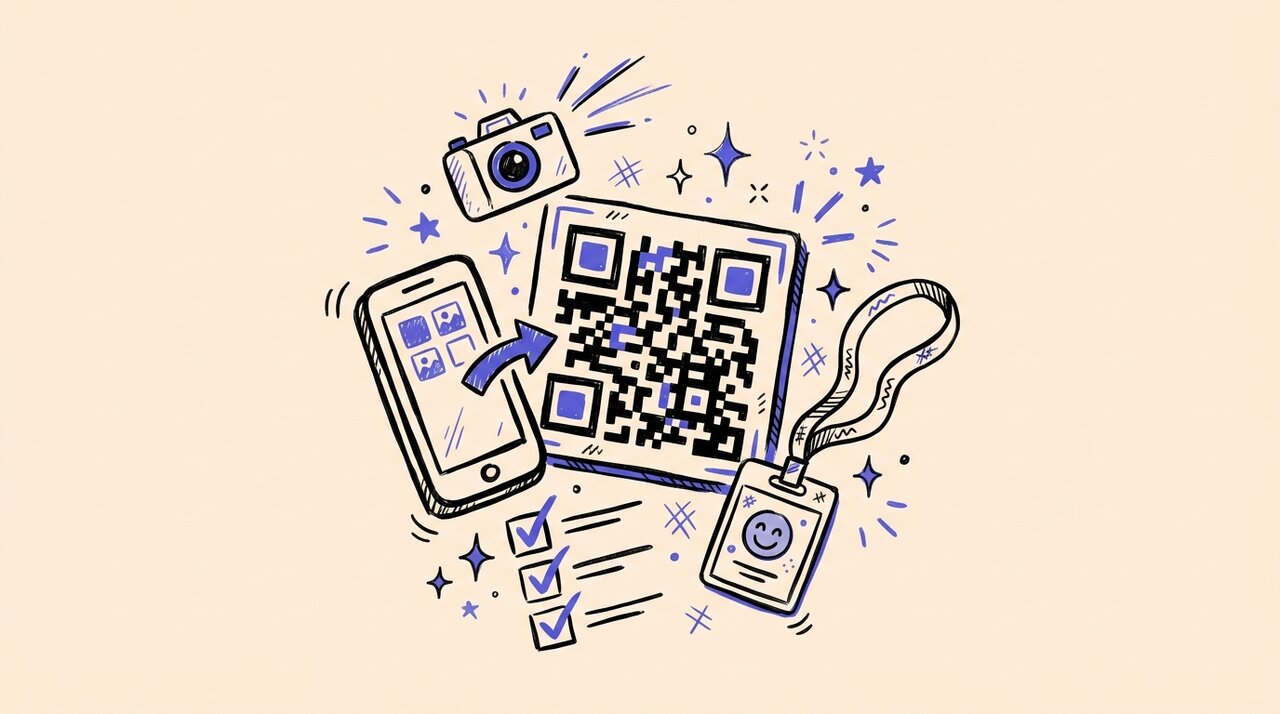 Hand-drawn doodle of a QR code, smartphone, camera, corporate badge, and checklist with blue accents