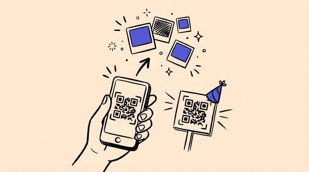 Hand-drawn doodle of a hand scanning a QR code with a phone while photo rectangles float upward near a party hat