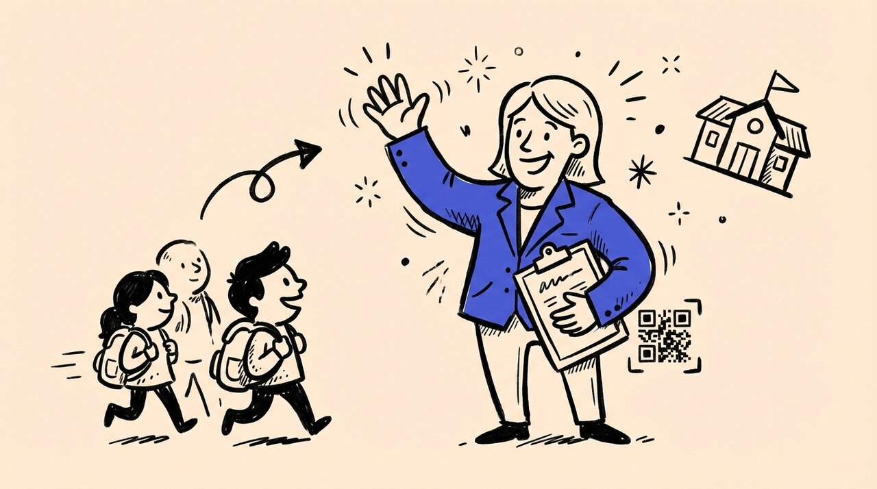 Hand-drawn doodle of a recruiter with clipboard welcoming students near a campus building and QR code