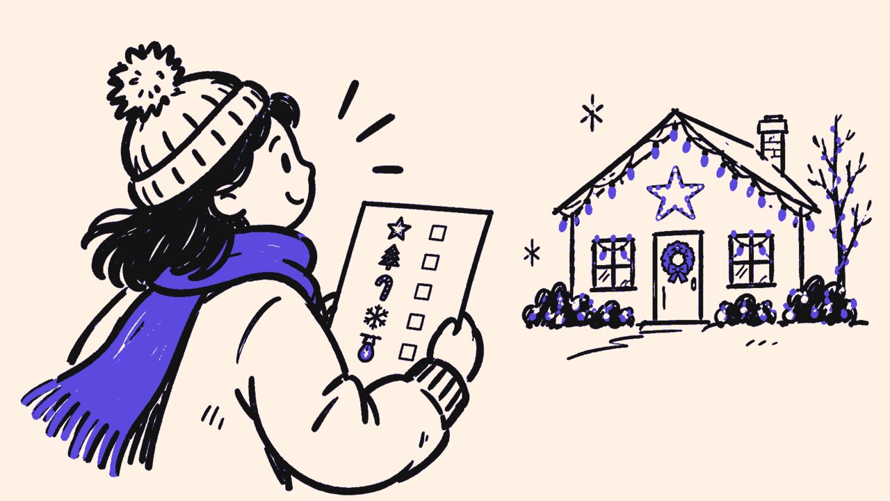 Marker drawing of a bundled-up light spotter holding a checklist beside a decorated house.