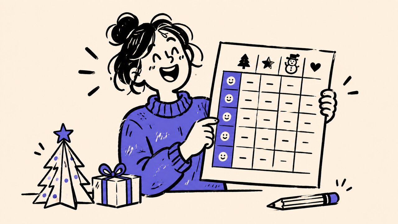 Marker doodle of a host choosing games with a scorecard, paper tree, parcel, and pencil