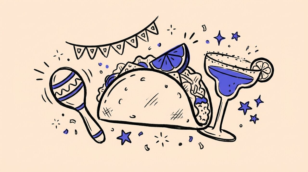 Hand-drawn doodle of Cinco de Mayo party props: taco, maraca, paloma cocktail, and papel picado banner with sparkle marks