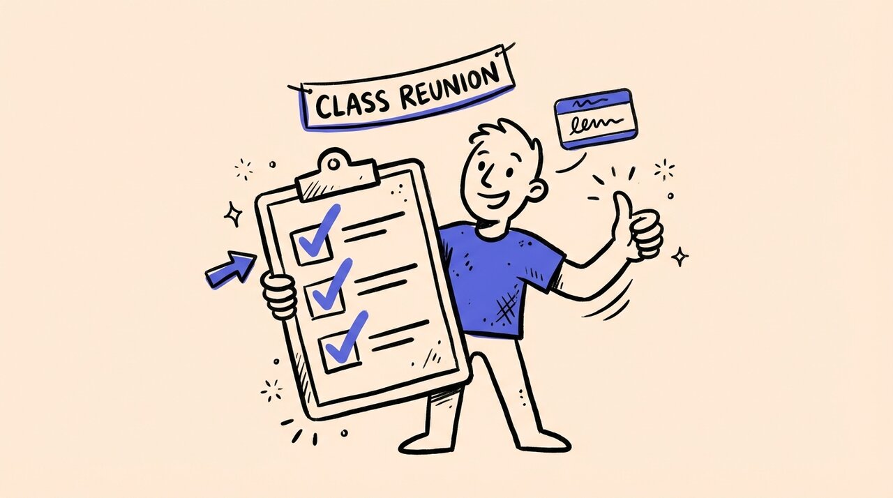 Hand-drawn doodle of a cheerful figure holding a clipboard checklist with blue check marks and a class reunion banner