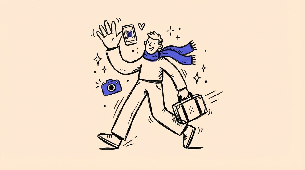 Hand-drawn doodle of a student mid-stride with a suitcase, blue pennant scarf, phone showing a QR code, and a floating camera icon