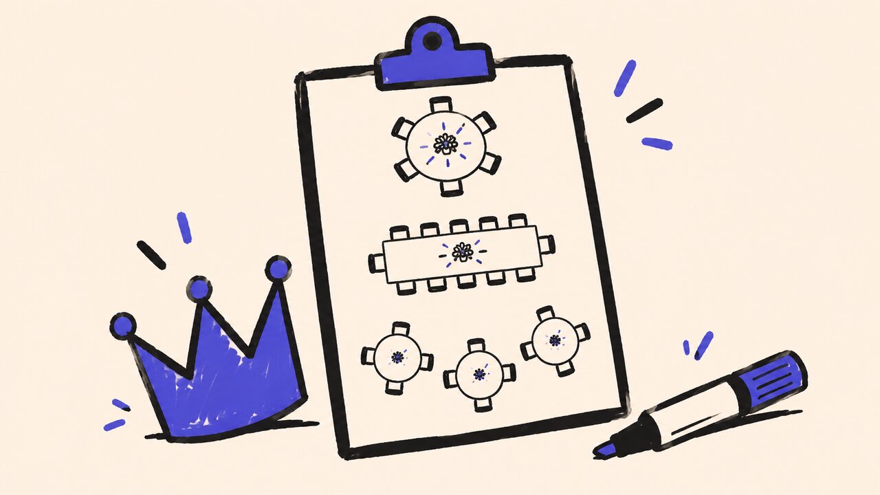 Marker drawing of a party-planning clipboard with table layouts, a blue paper crown, and a marker