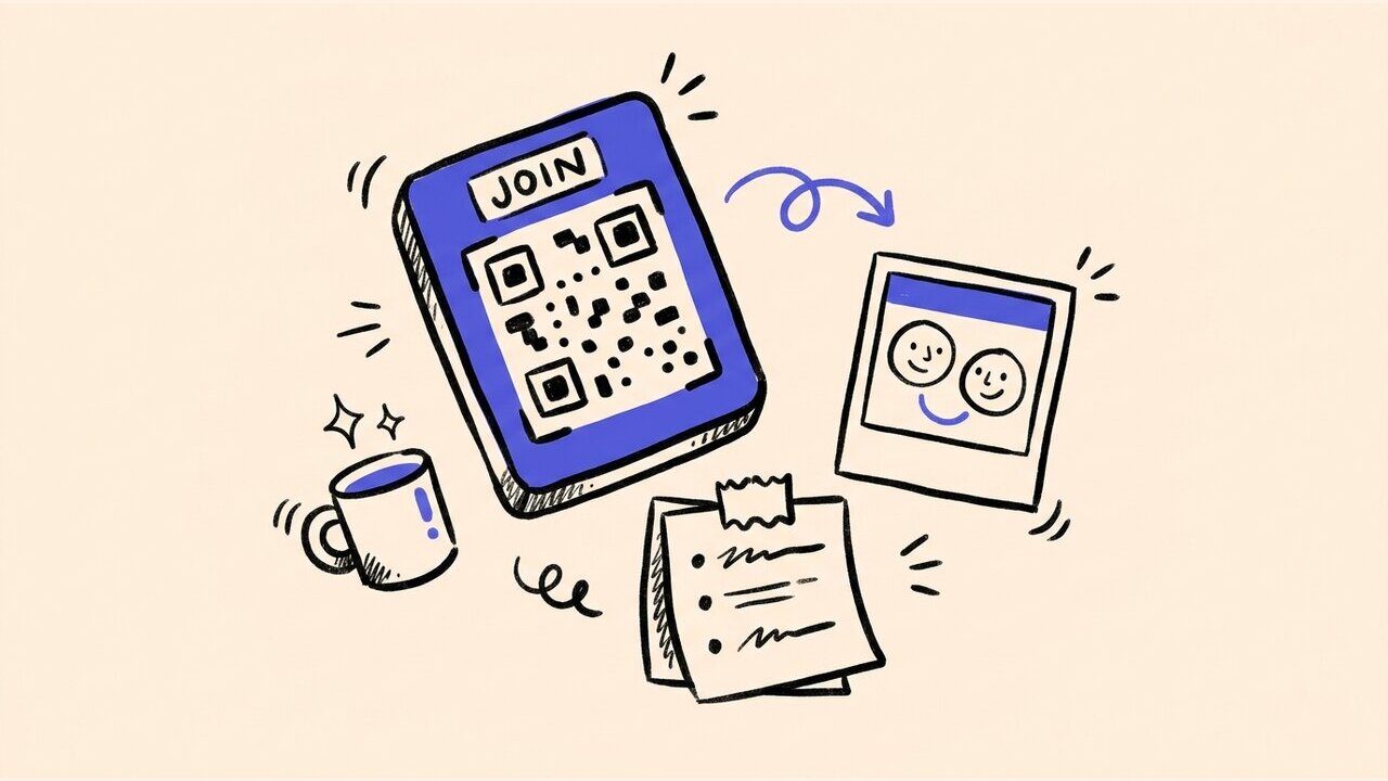 Hand-drawn doodle of a QR prompt card, photo frame, mug, and sticky-note activity board