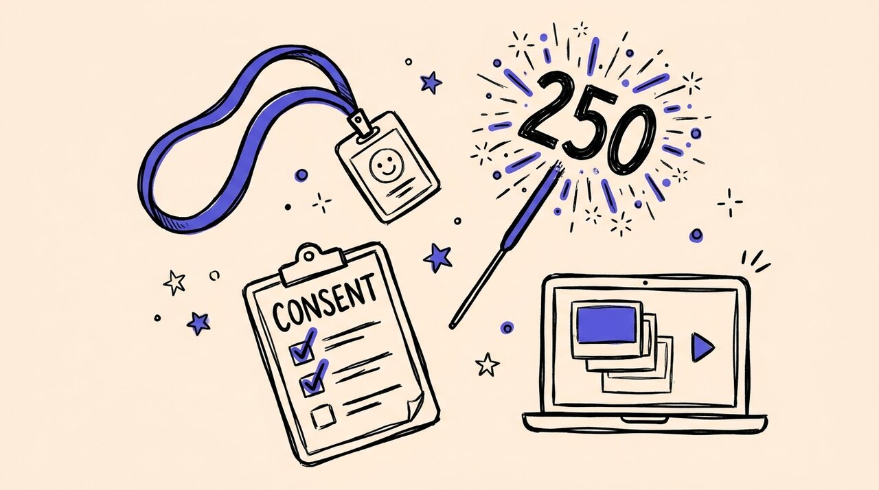 Hand-drawn doodle of a corporate badge next to a sparkler 250, a checklist labeled consent, and a screen showing a photo slideshow