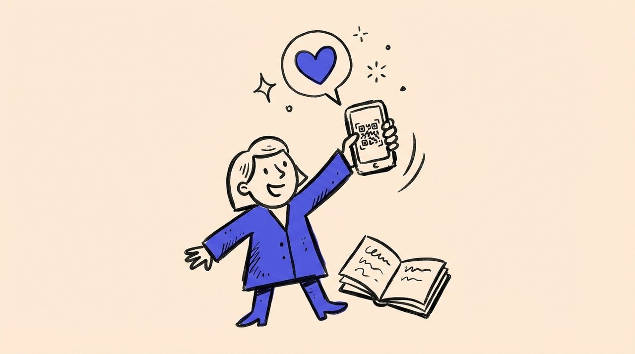 Doodle of a wedding guest holding a phone with a QR code as a heart speech bubble floats up beside an open guestbook