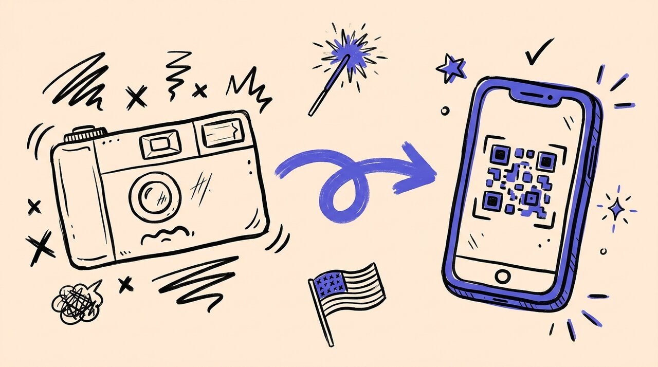 Hand-drawn doodle of a disposable camera with an X next to a phone showing a QR code, with sparklers and an American flag in the background