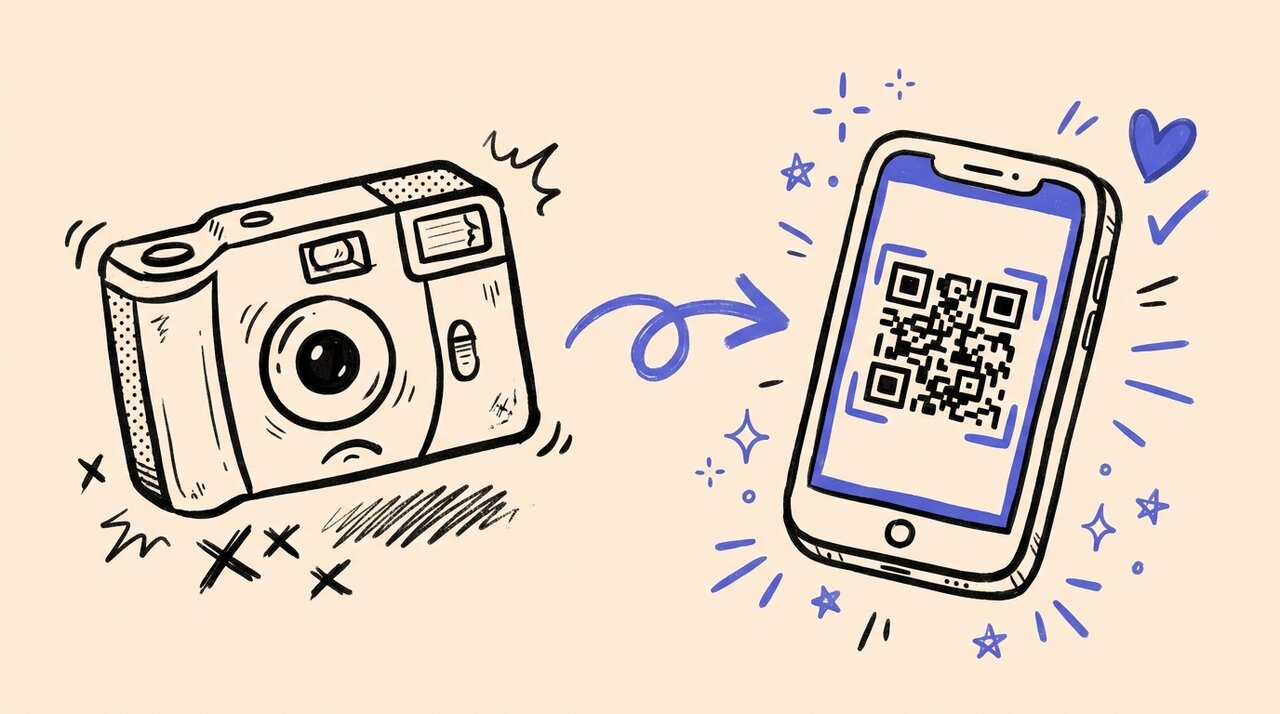 Doodle of a disposable camera with X marks next to a phone showing a QR code with sparkles and a blue arrow between them