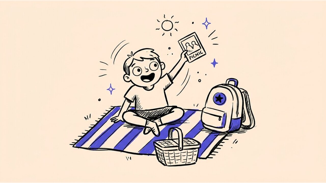 Hand-drawn doodle of a kid on a picnic blanket with a basket, backpack, and sun
