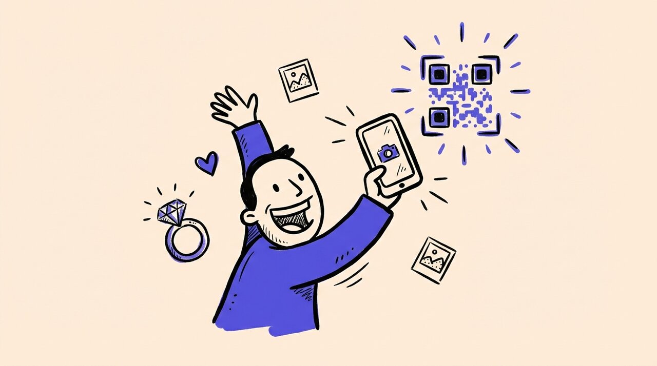 Doodle of a celebratory figure holding a phone toward a QR code with a ring and photo frames