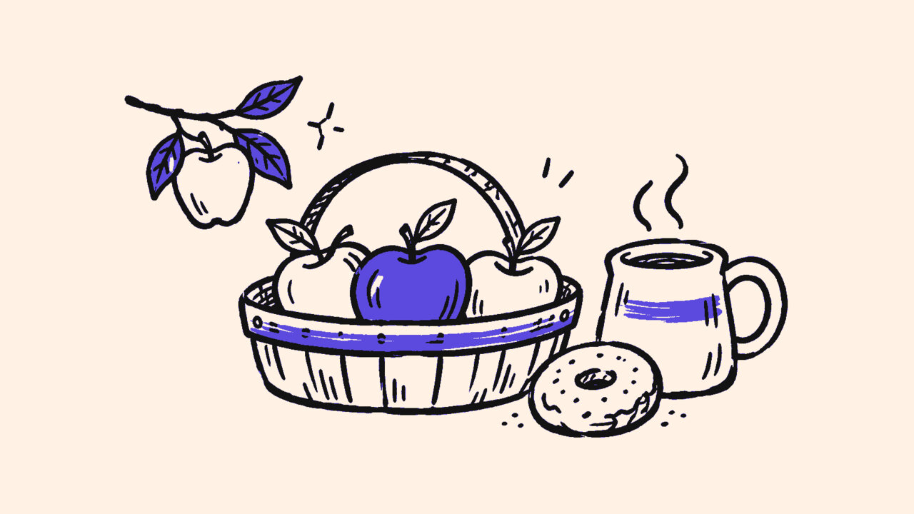 Hand-drawn basket of apples, leafy apple branch, steaming cider mug, and doughnut with blue accents.