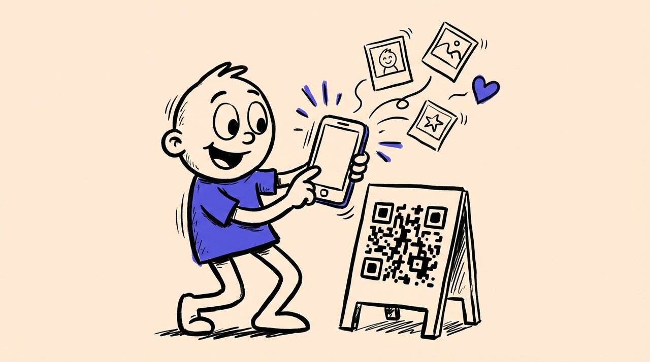 Hand-drawn doodle of a person scanning a QR code sign with their phone as photo snapshots float upward