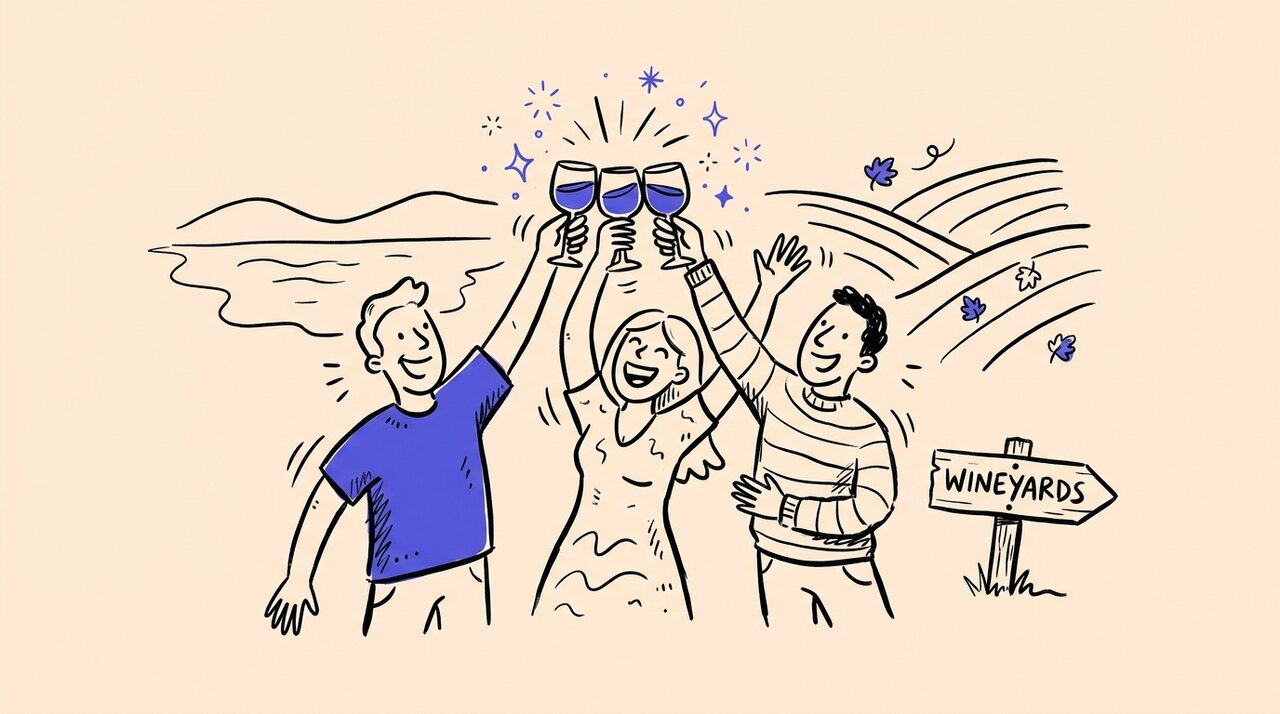 Doodle of three friends clinking wine glasses by a lake with vineyard hills and a signpost