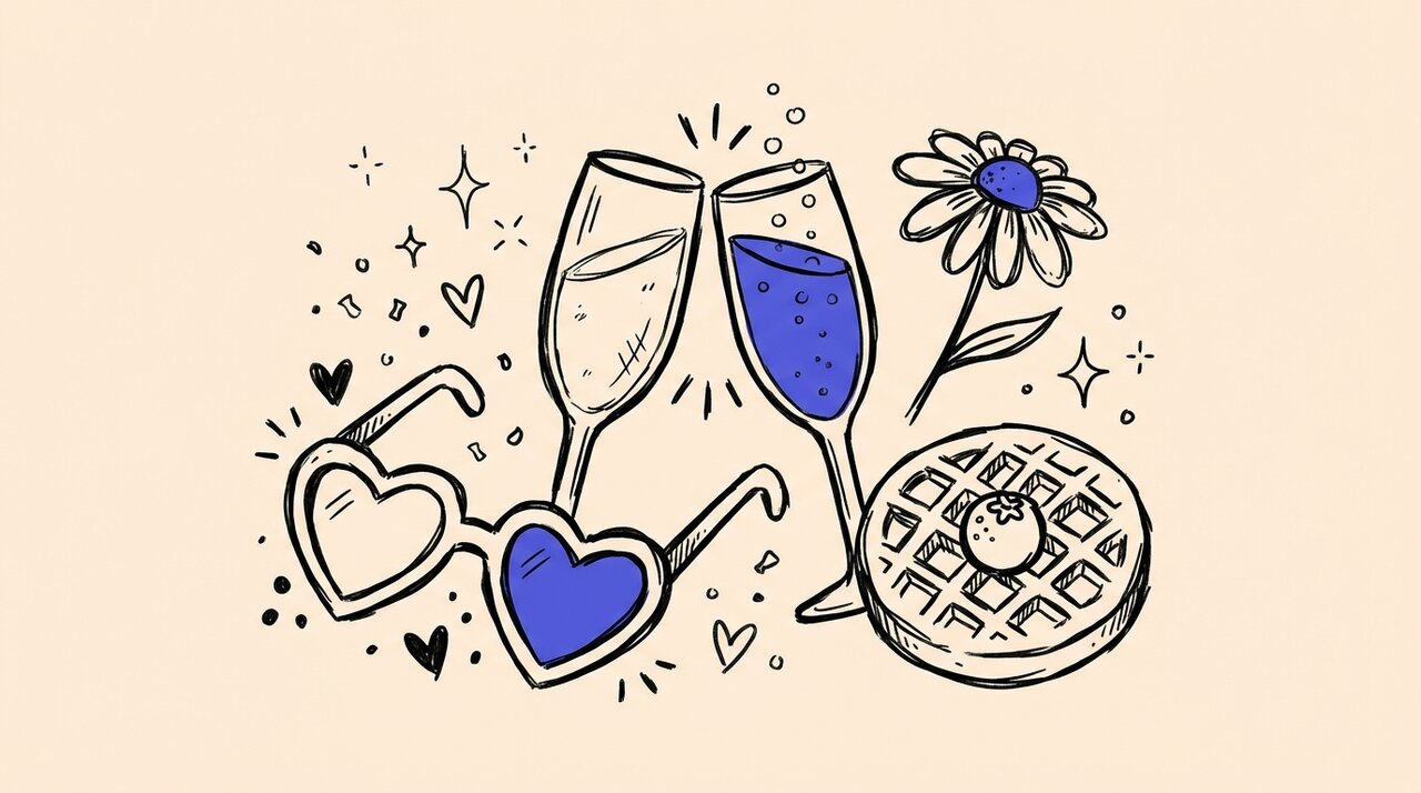 Hand-drawn doodle of clinking mimosa glasses, heart sunglasses, a waffle, and a flower with sparkle marks