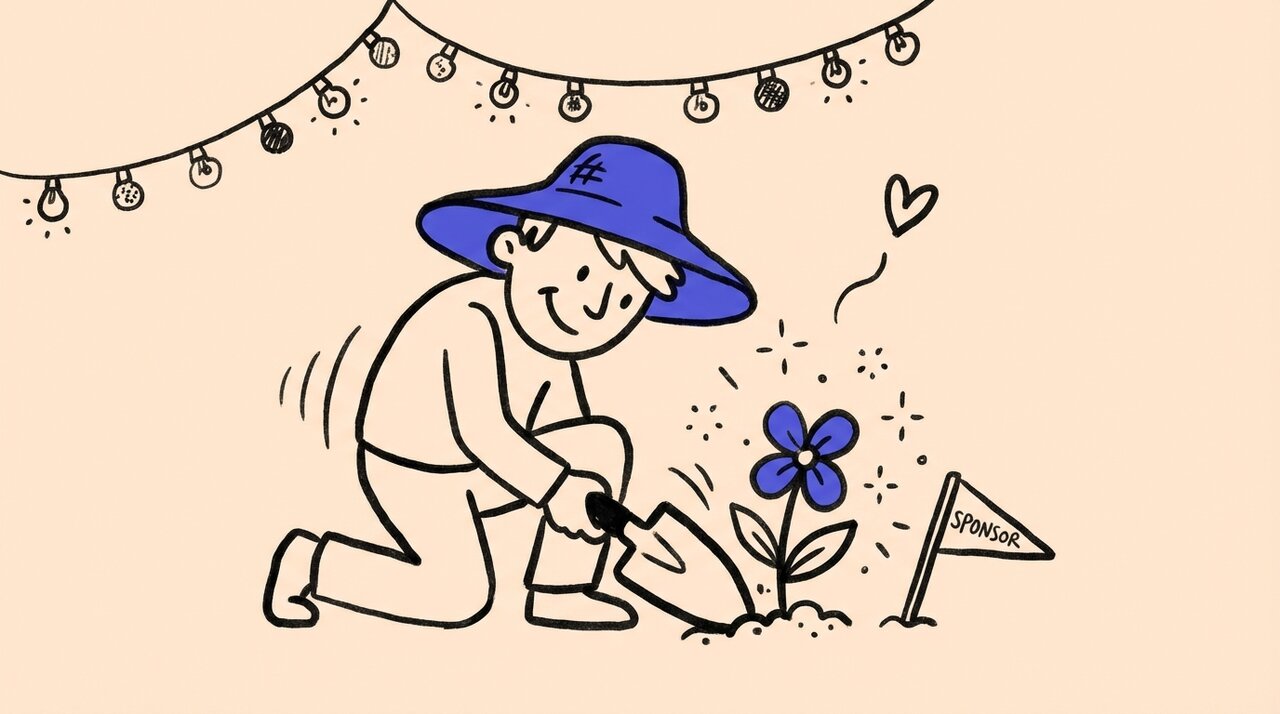 Hand-drawn doodle of a figure kneeling to plant a flower with a trowel, string lights above and a sponsor flag beside