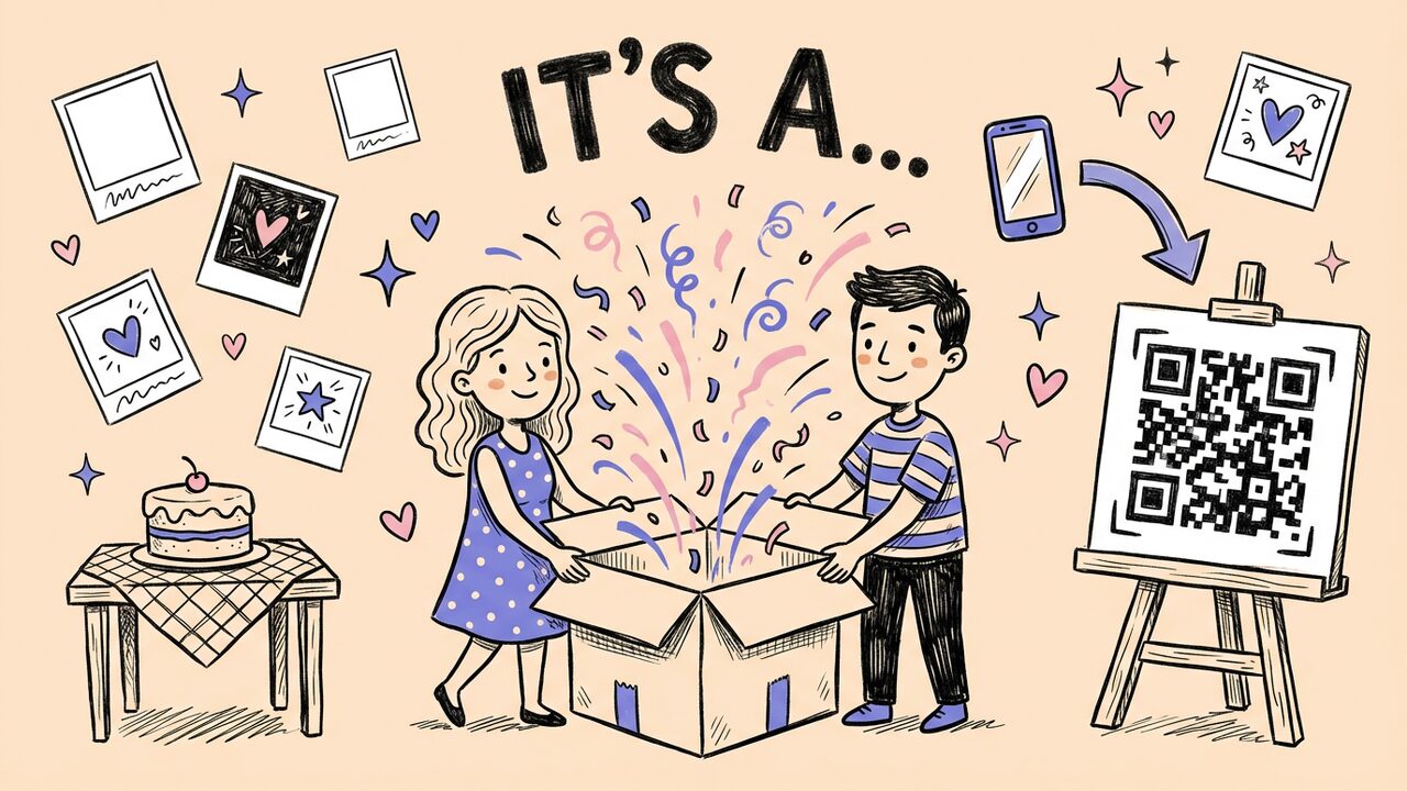 Doodle of a couple opening a box with confetti bursting out, surrounded by floating polaroid photos, a QR code on an easel, and sparkles