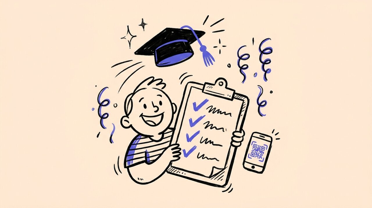 Hand-drawn doodle of a person holding a checklist clipboard with a graduation cap tossed above, party streamers, and a phone showing a QR code