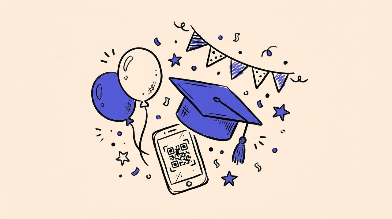 Hand-drawn doodle of graduation party props including a cap, balloons, phone with QR code, and pennant banner