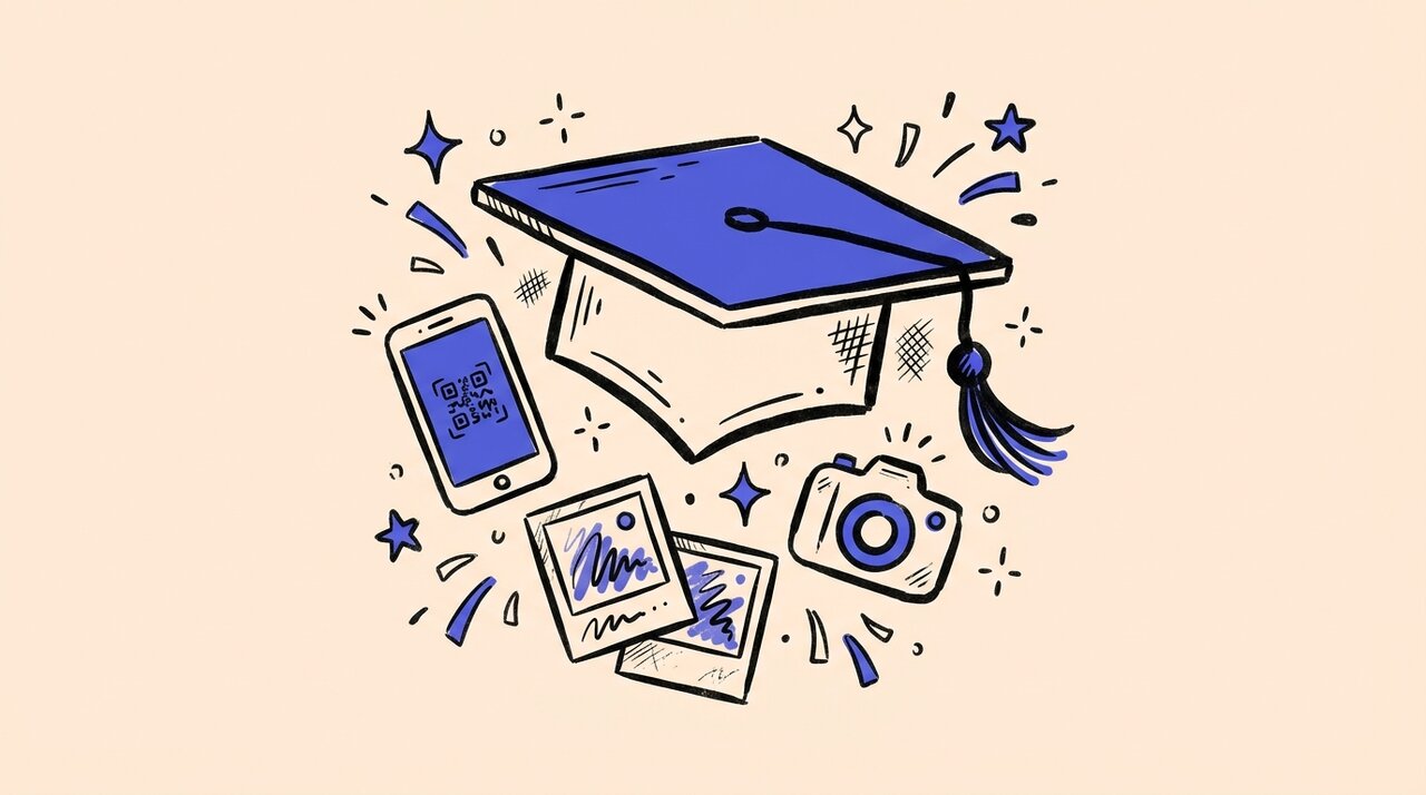 Hand-drawn doodle of a graduation cap, smartphone with QR code, photo snapshots, and camera with celebratory sparkles