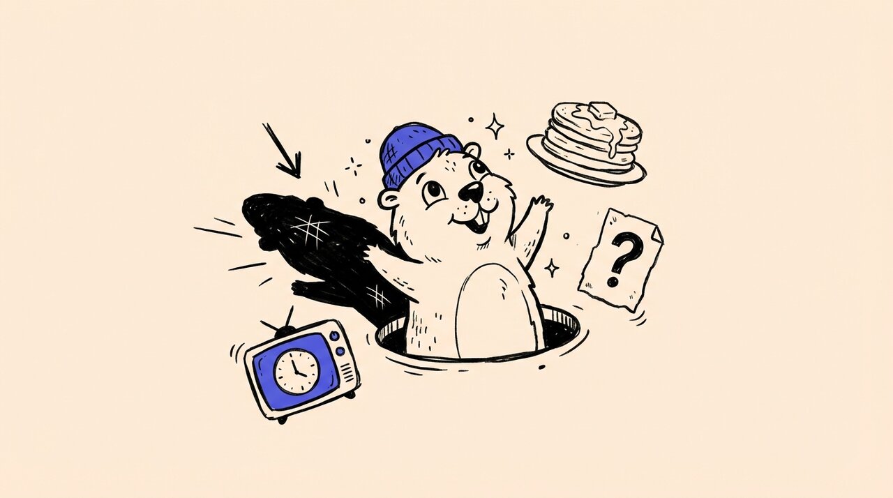 Doodle of a groundhog in a blue beanie popping out of a hole with pancakes, a prediction card, and a TV