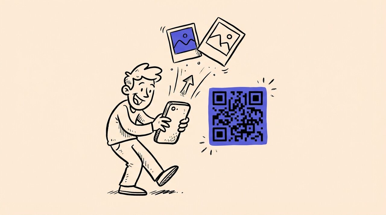 Hand-drawn doodle of a person holding up a phone to scan a QR code with photos floating upward