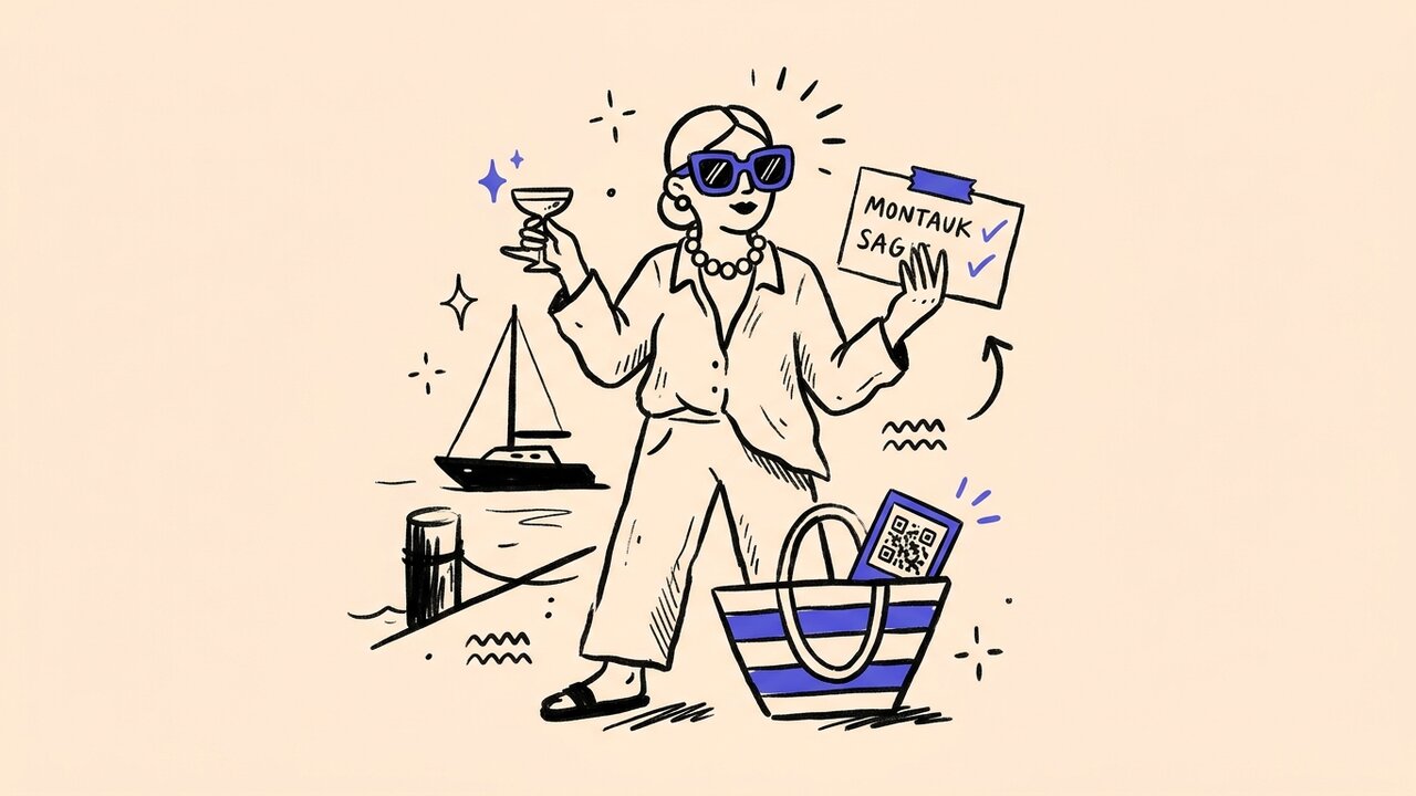 Hand-drawn glamorous Hamptons guest with pearls, a cocktail, and a sailboat