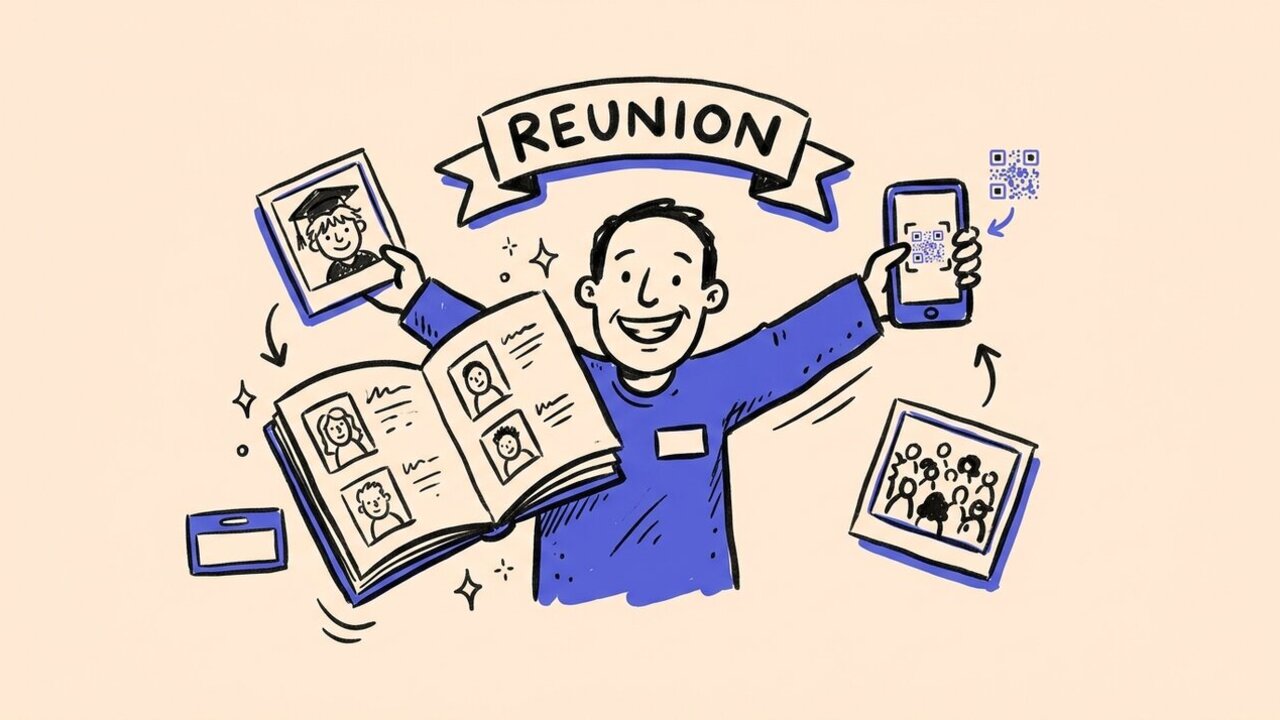 Hand-drawn doodle of a classmate with a yearbook, phone gallery, and reunion banner