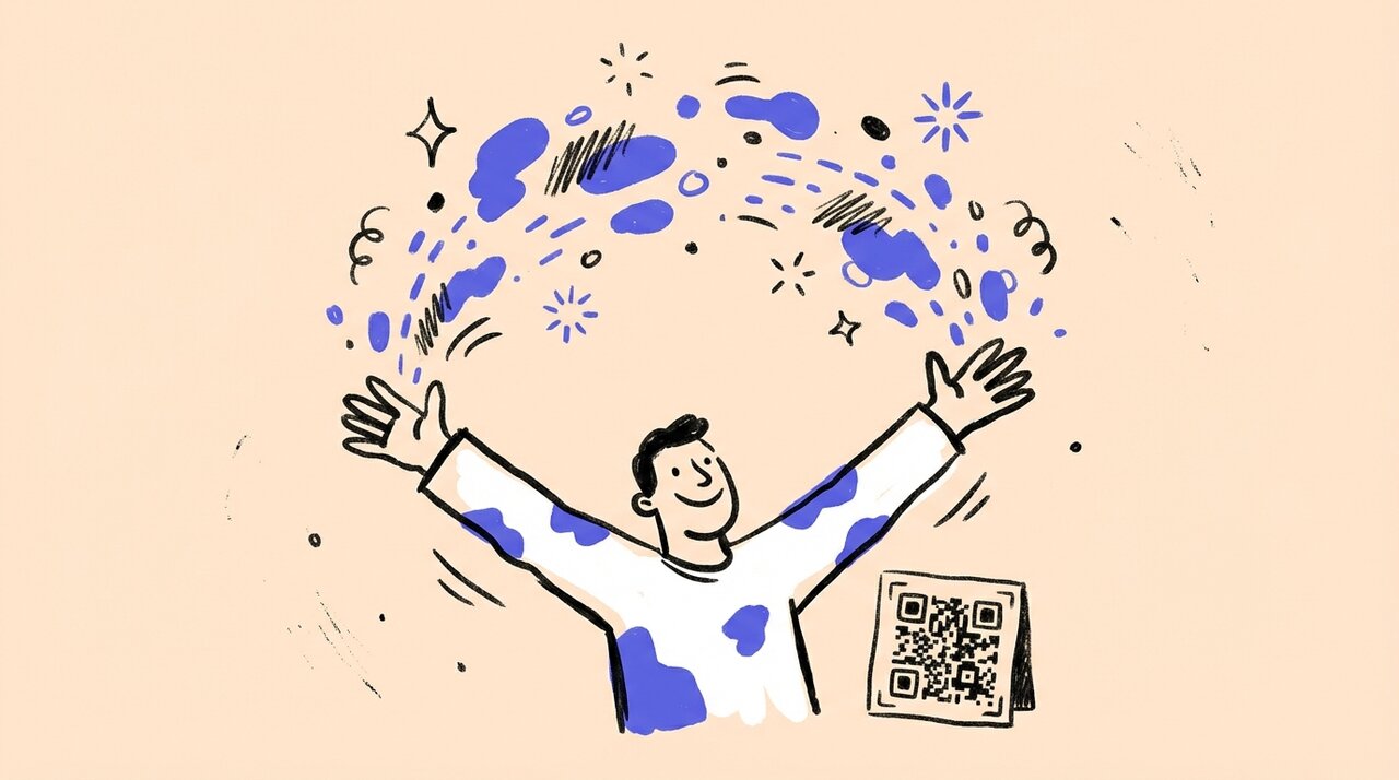 Hand-drawn doodle of a joyful figure tossing color powder into the air with sparkle marks and motion lines