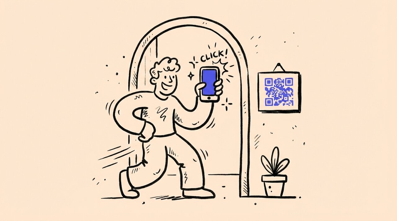 Hand-drawn doodle of a figure holding a phone in a doorway next to a framed QR code with sparkle marks