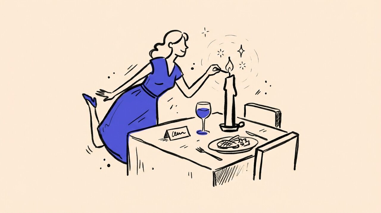 Hand-drawn doodle of a host in a blue dress lighting a candle on an elegant dinner table with wine glass and place card