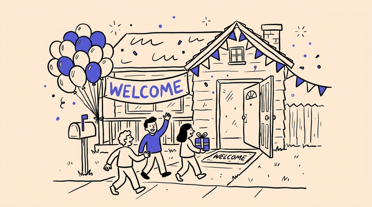 Hand-drawn doodle of friends arriving at a house decorated with balloons, bunting, and a welcome banner