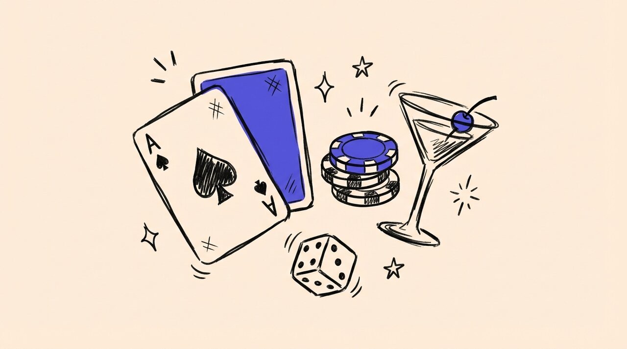 Hand-drawn doodle of playing cards, poker chips, a cocktail glass, and a tumbling die with sparkle marks