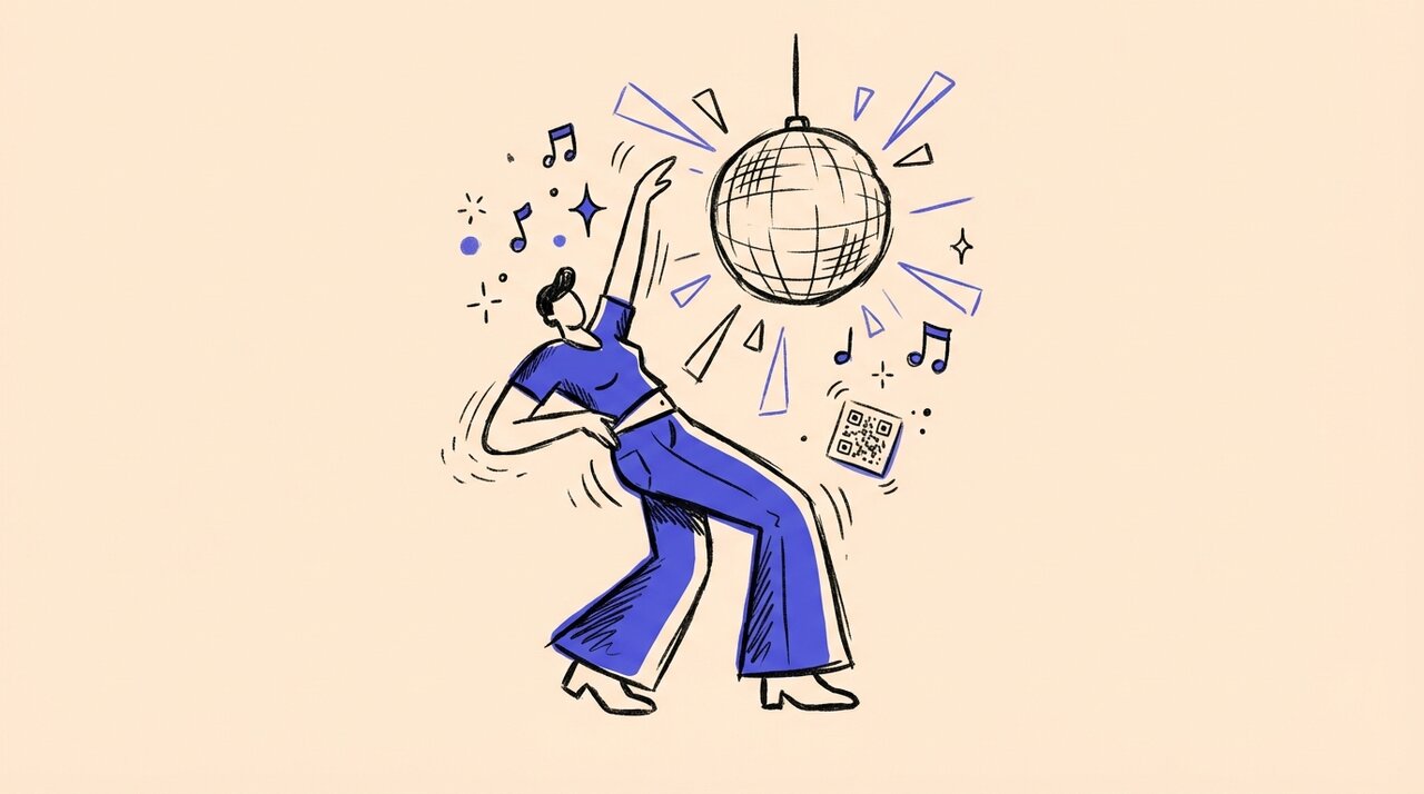 Hand-drawn doodle of a figure dancing under a disco ball with sparkles, music notes, and a QR code card