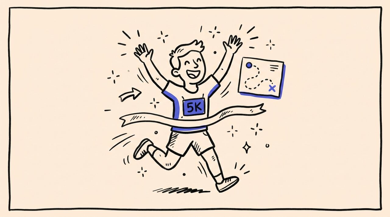 Hand-drawn doodle of a joyful runner crossing a finish line with arms raised, wearing a 5K bib