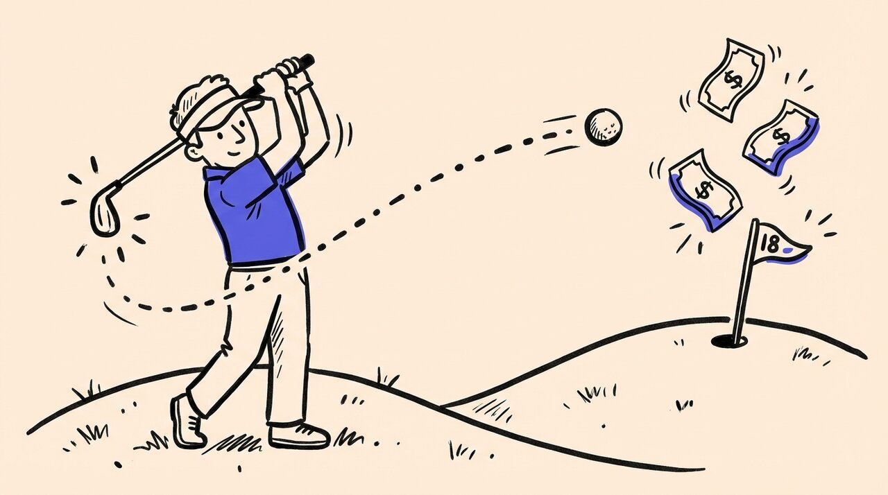 Doodle of a golfer in a blue polo swinging on rolling hills with a ball arcing toward a flag and floating dollars