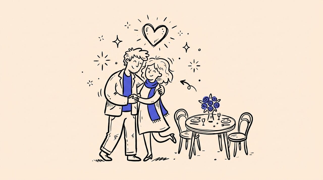 Hand-drawn doodle of a couple standing beside a small dinner table with a bouquet, sparkle marks, and a floating heart