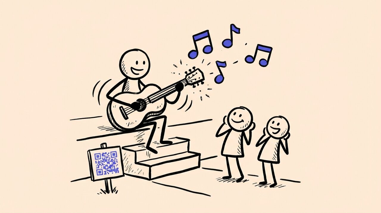 Doodle of a musician strumming guitar on porch steps with music notes and a QR code lawn sign