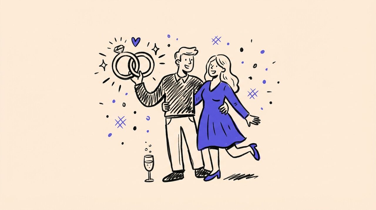 Hand-drawn doodle of a joyful couple with interlinked wedding rings, champagne glass, and sparkle marks