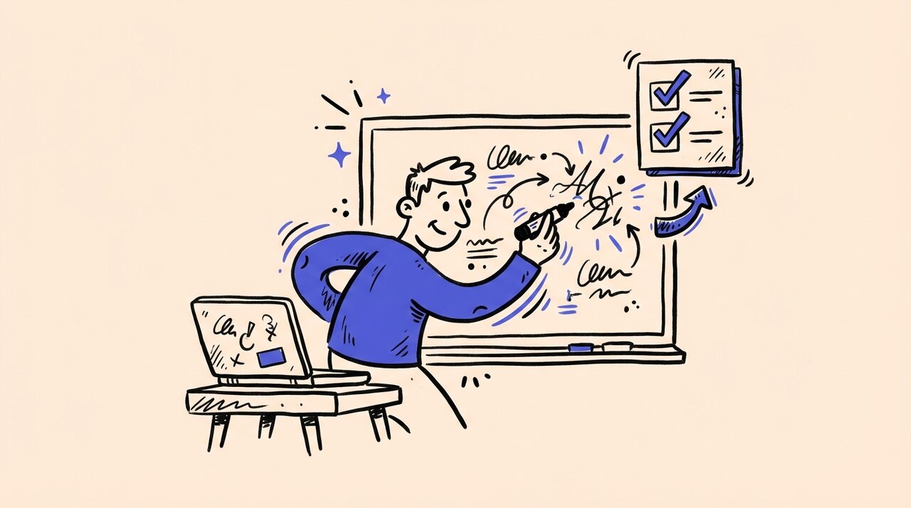 Hand-drawn doodle of a facilitator at a whiteboard with a laptop and floating checklist